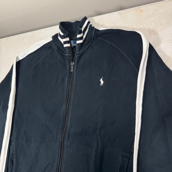 VTG Polo Ralph Lauren Mens Large Track Jacket Black White Stripe Full Zip Cotton - Picture 3 of 10